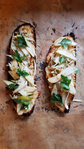 Toasted Peasant Bread with Melted Comte Cheese, Frog Hollow Warren European Pears, Endives and Walnuts
