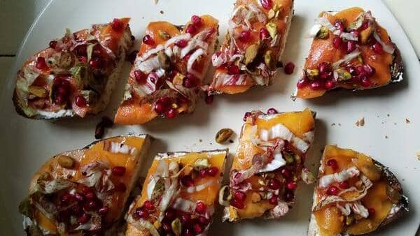 Toasted Bread with Fuyu Persimmons, Pomegranates and Fromage Blanc – Frog Hollow Farm