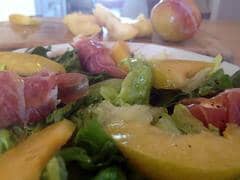 Baby Greens Salad with Plums, Chevre, and Prosciutto