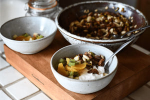 Dried Nuts and Fruit with Blossom Syrup and Mixed Fruit and Yogurt