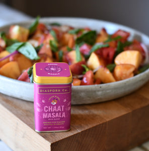 Peach & Heirloom Tomato Salad w Diaspora Co. Chaat Masala, Labneh, Pomegranate Molasses