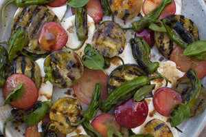 Grilled Green Tomato and Shishito Salad with Flavor King Pluot and Buffalo Mozzarella