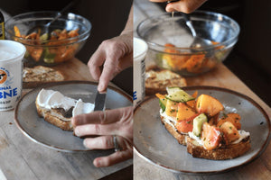 Two images: on the left is a close up of someone spreading labneh on a slice of bread. On the right is a close up of a pice of toast with peach slices on it.