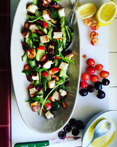 Smashed Persian Cucumbers with Frog Hollow Brooks and Rainier Cherries, Fried Halloumi Cheese and Sorrel
