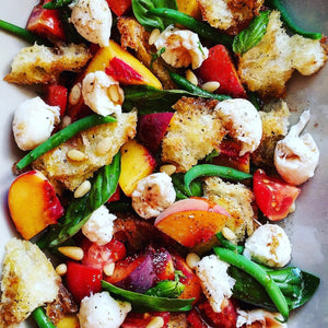 Summer Salad of Frog Hollow Peaches & Tomatoes, Haricot Verts and Fried Bread