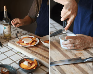 Two side by side images: On the left is an artfully plated white panna cotta with orange peaches around it. The second is of a chef scooping out a panna cotta from a white dish.