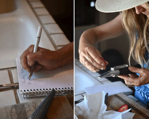 Two side by side images: The first of a pen taking notes on paper and the second of a person holding a Brixing tool.