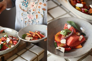 Two images: On the left is a close up of someone serving a colorful salad into a grey bowl. On the right is a close up of the bowl featuring red tomato slices, orange peach slices, onion, cheese, and green pepper slices.