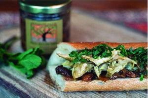 Middle Eastern Style Chicken Sandwich with Asian Pear Chutney and Fresh Mint Leaves