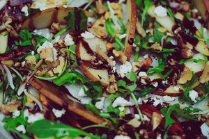 Warren Pear & Arugula Salad w/ Sun-Dried Peaches, Walnuts, Goat Cheese