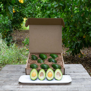 An image of a rustic, craft gift basket with dark green, buttery avocados on a wooden table, set against a background of vibrant greenery.