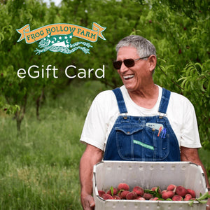 Farmer Al carrying fresh produce with the Frog Hollow logo and the words eGift Card.