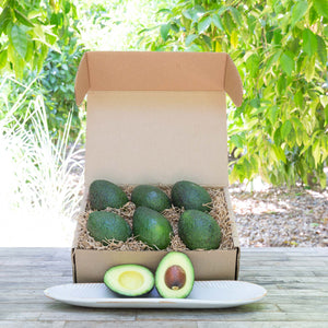 An image of a rustic, craft gift basket with vibrant green, buttery avocados on a wooden table, set against a background of sunlit greenery.